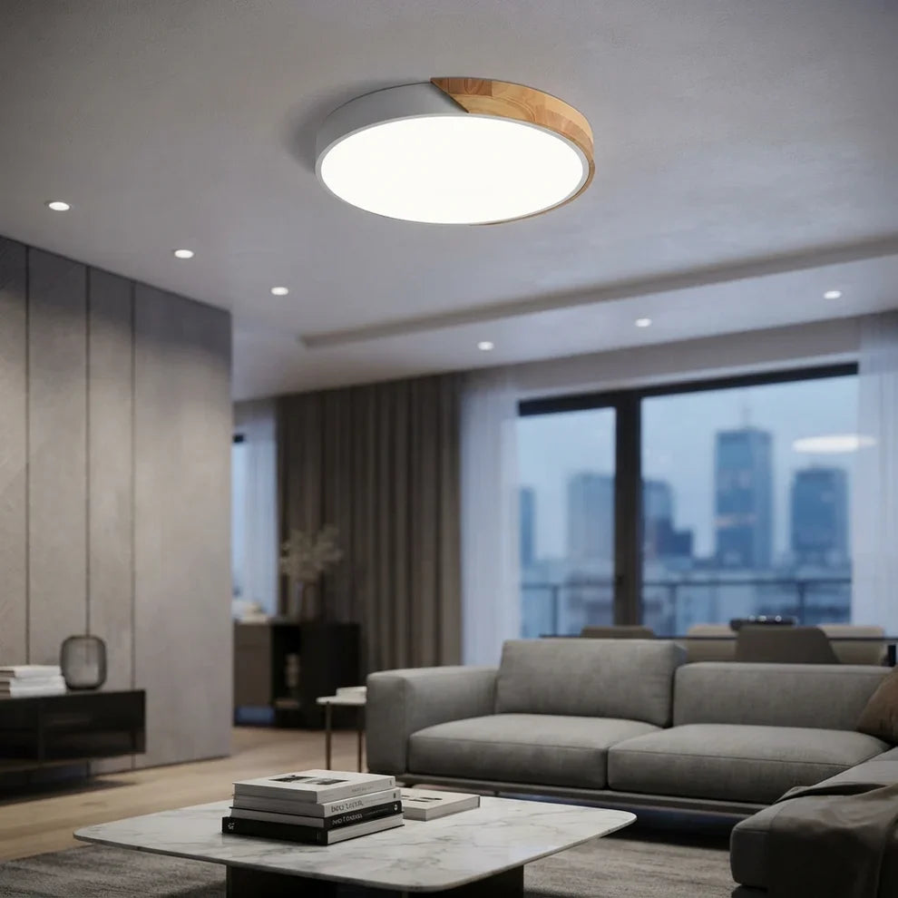 LED Ceiling Lights Wood Accent Round Flush Mount Dimmable Scandinavian Home Lighting