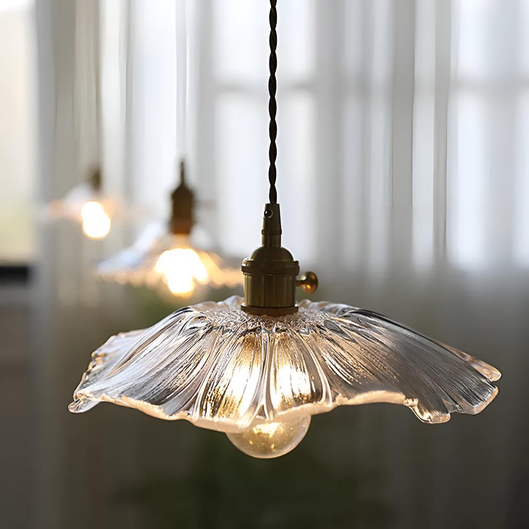 Glass Pendant Lights Flower Scalloped Shade Plug-In Cord On/Off Switch Hanging Ceiling