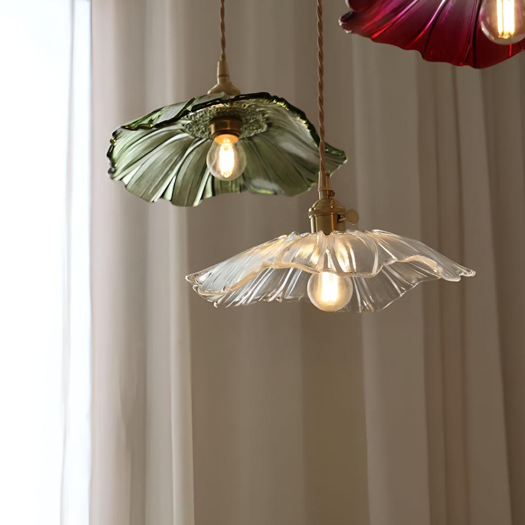Glass Pendant Lights Flower Scalloped Shade Plug-In Cord On/Off Switch Hanging Ceiling