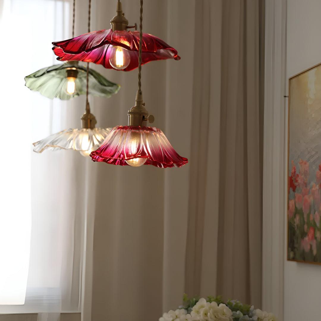 Glass Pendant Lights Flower Scalloped Shade Plug-In Cord On/Off Switch Hanging Ceiling