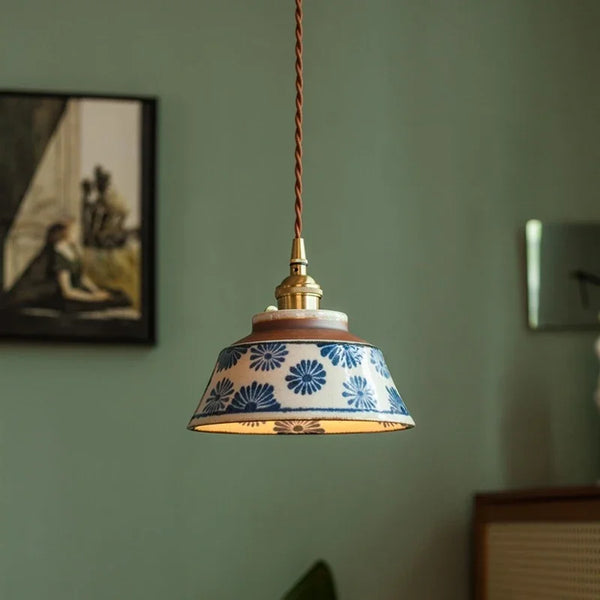 Ceramic Pendant Light Hand-Painted Blue Floral Brass Socket Knob Switch Hanging Lamp
