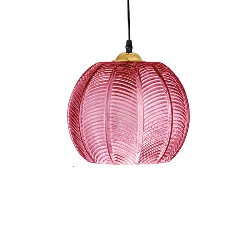 Glass Pendant Lamps Ribbed Leaf Pattern Round Globe Hanging Ceiling Light Fixture