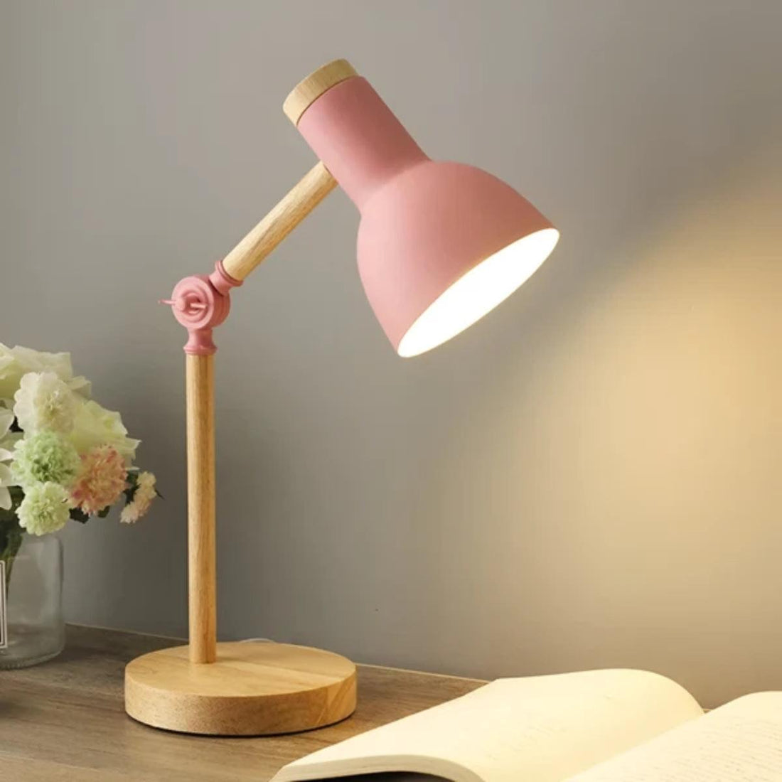 Wood Table Lamp Adjustable Arm Metal Dome Shade Swivel Head Desk Reading Light