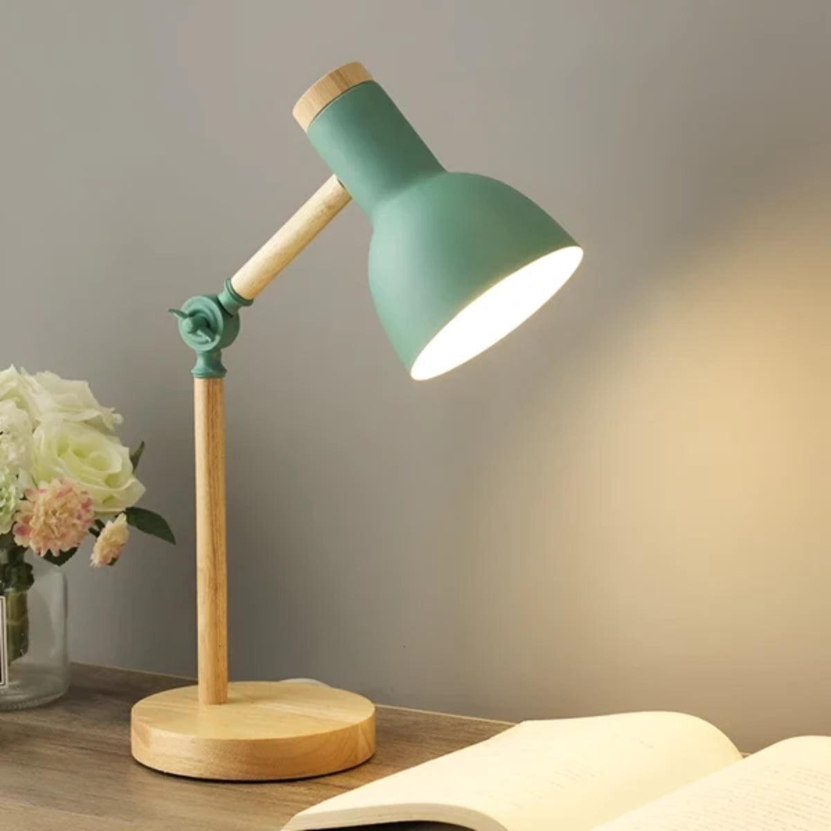 Wood Table Lamp Adjustable Arm Metal Dome Shade Swivel Head Desk Reading Light