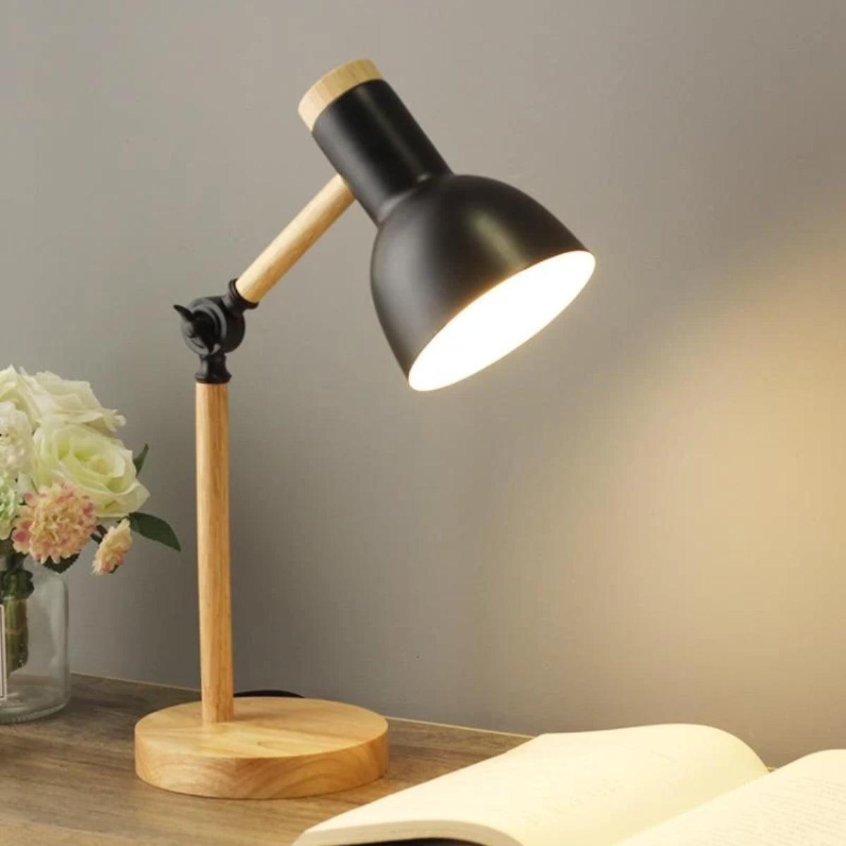 Wood Table Lamp Adjustable Arm Metal Dome Shade Swivel Head Desk Reading Light