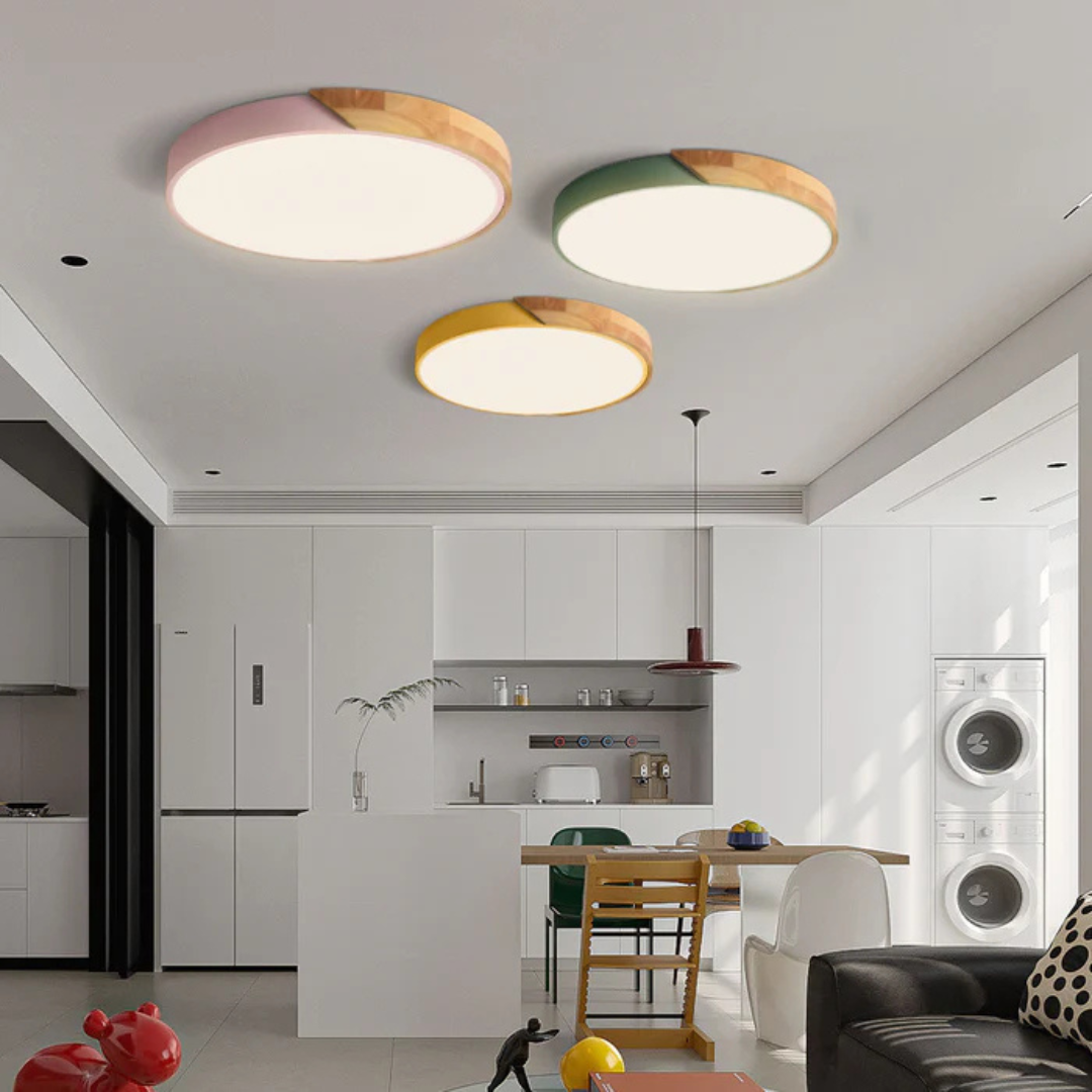 Flush Mount LED Ceiling Light Round Wood Trim Dimmable Modern Low Profile Home Lighting