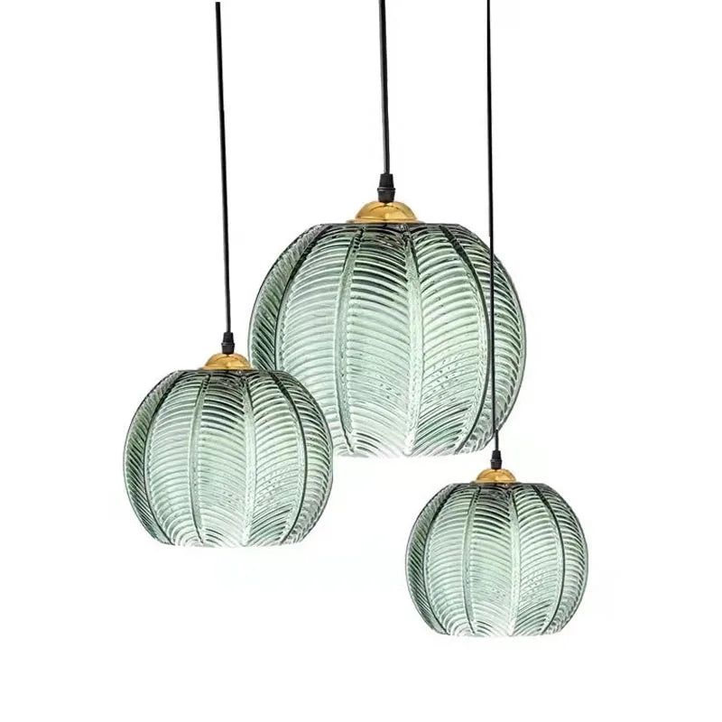 Glass Pendant Lamps Ribbed Leaf Pattern Round Globe Hanging Ceiling Light Fixture