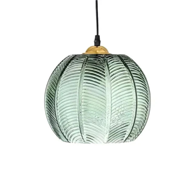 Glass Pendant Lamps Ribbed Leaf Pattern Round Globe Hanging Ceiling Light Fixture