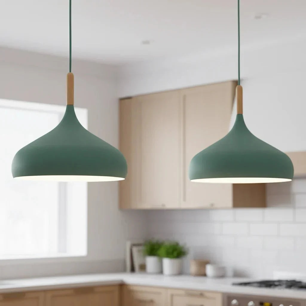 Minimalist Pendant Light Nordic Teardrop Dome Shade Wood Accent Ceiling Hanging Lamp