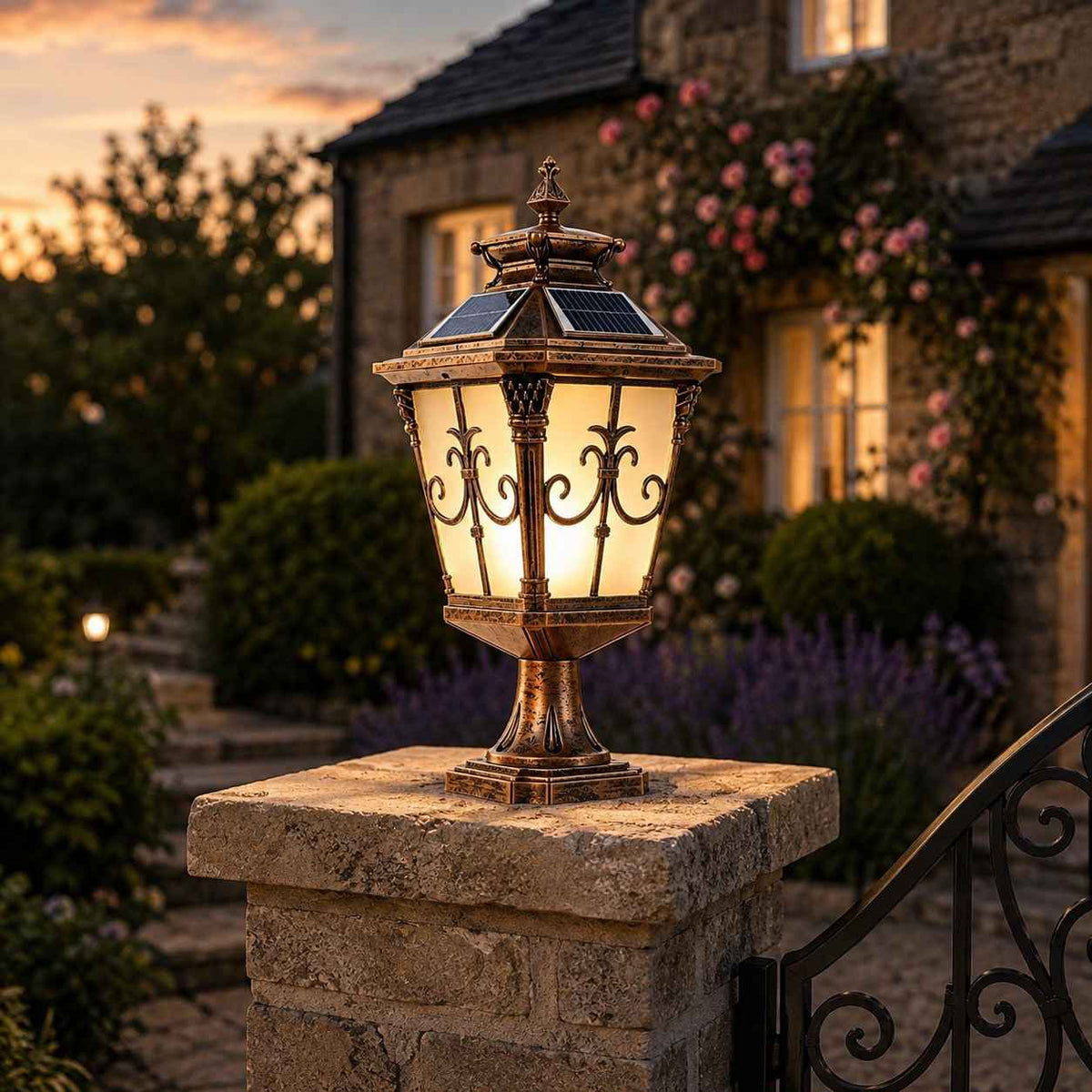 Solar Lights Outdoor Post Cap Light Black Scrollwork Frosted Glass Lantern Fence Patio