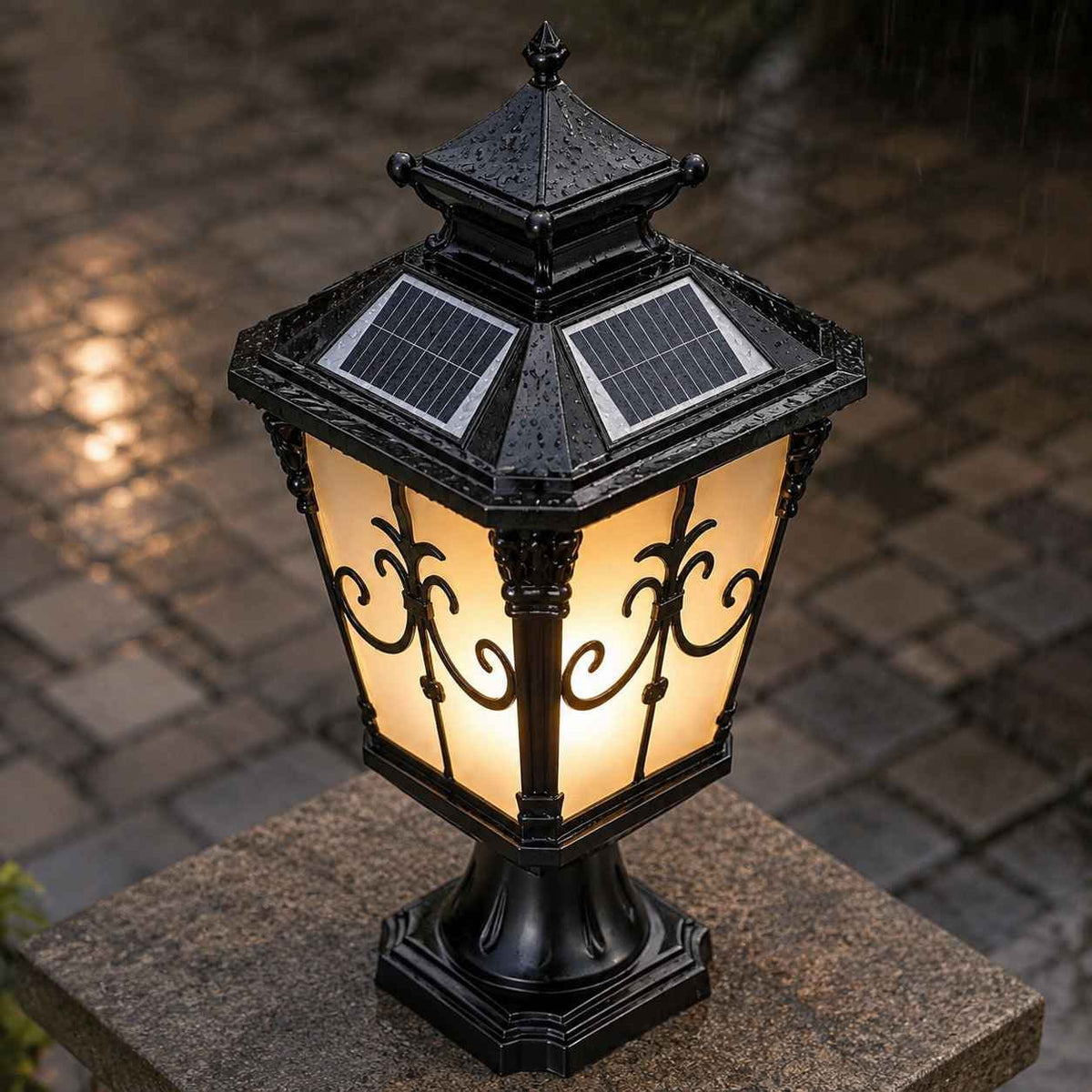 Solar Lights Outdoor Post Cap Light Black Scrollwork Frosted Glass Lantern Fence Patio
