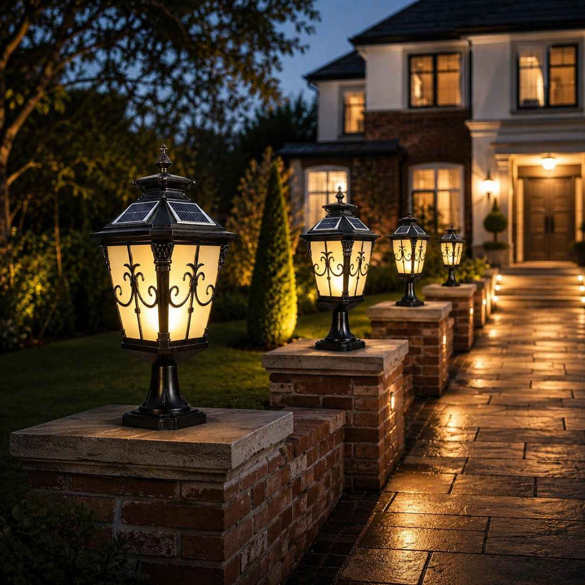 Solar Lights Outdoor Post Cap Light Black Scrollwork Frosted Glass Lantern Fence Patio