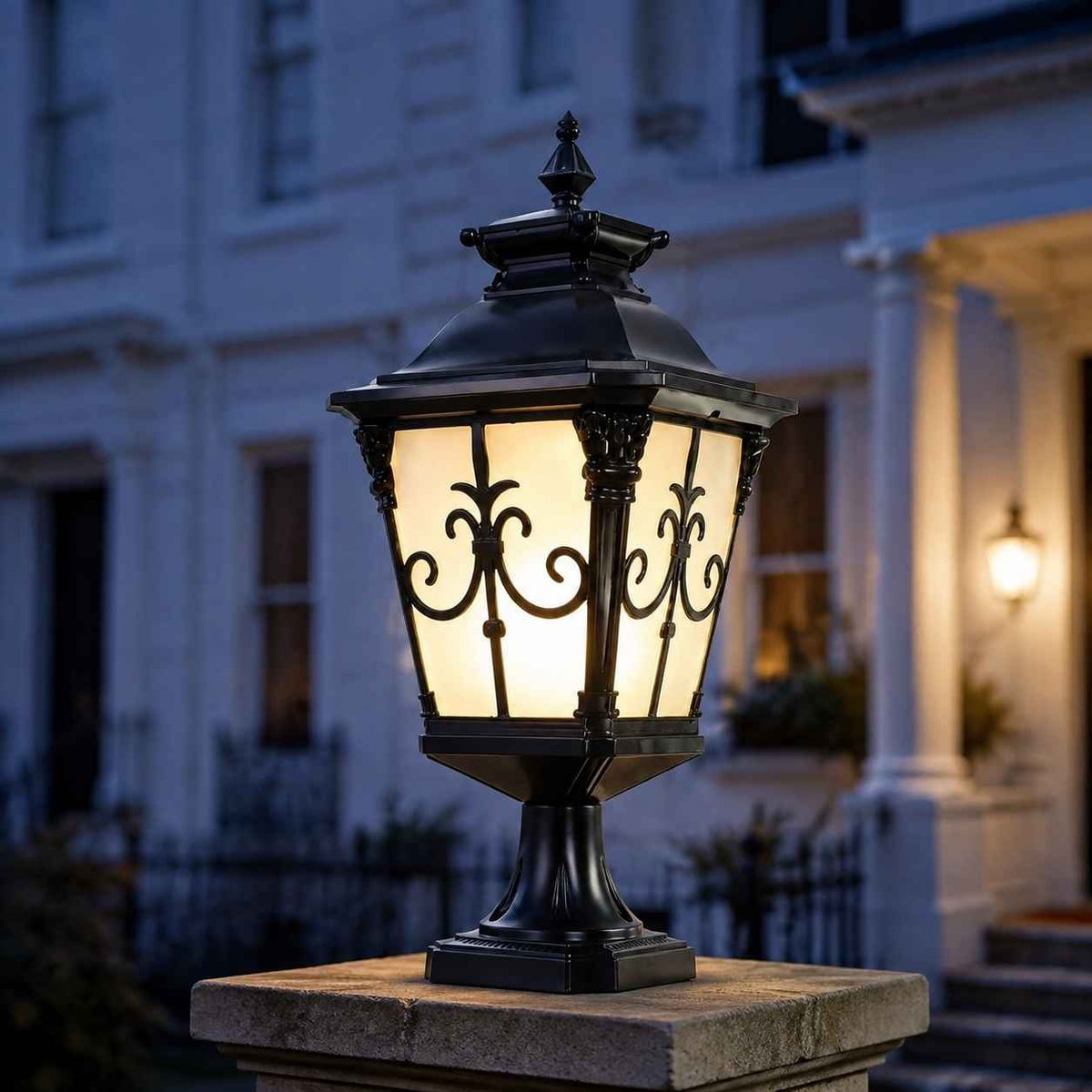 Solar Lights Outdoor Post Cap Light Black Scrollwork Frosted Glass Lantern Fence Patio