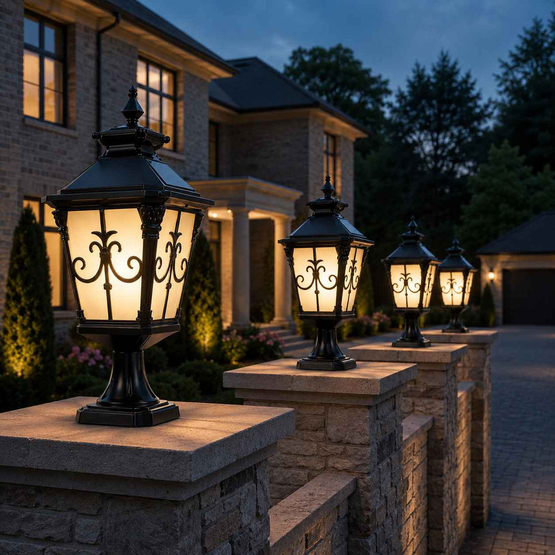 Solar Lights Outdoor Post Cap Light Black Scrollwork Frosted Glass Lantern Fence Patio