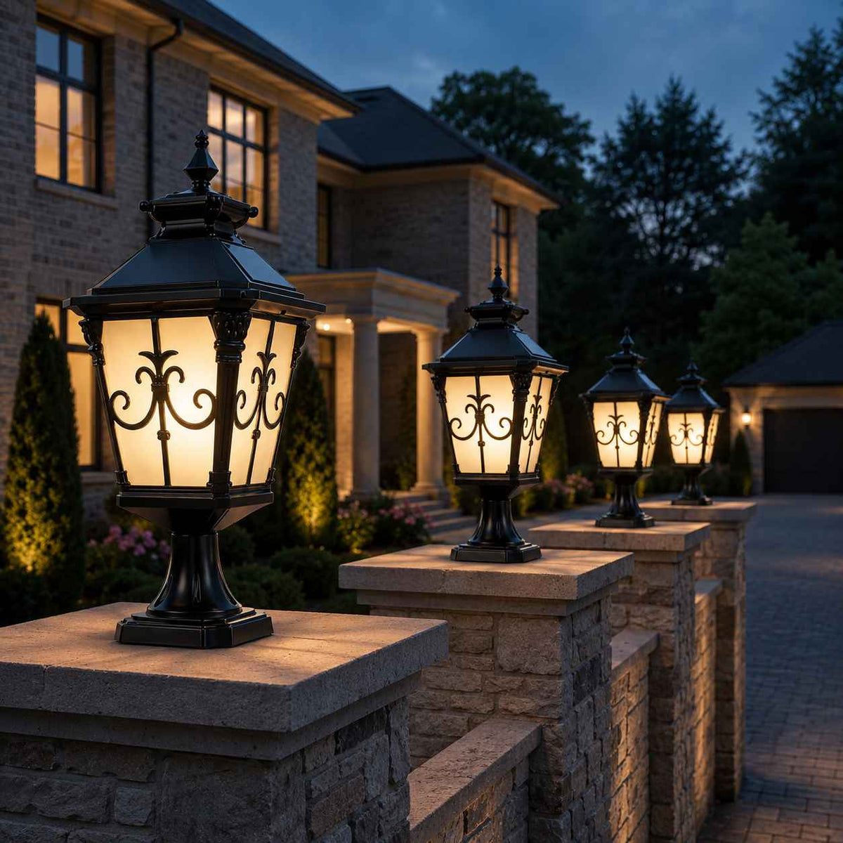 Solar Lights Outdoor Post Cap Light Black Scrollwork Frosted Glass Lantern Fence Patio