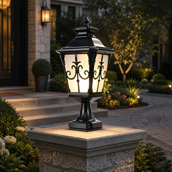 Solar Lights Outdoor Post Cap Light Black Scrollwork Frosted Glass Lantern Fence Patio