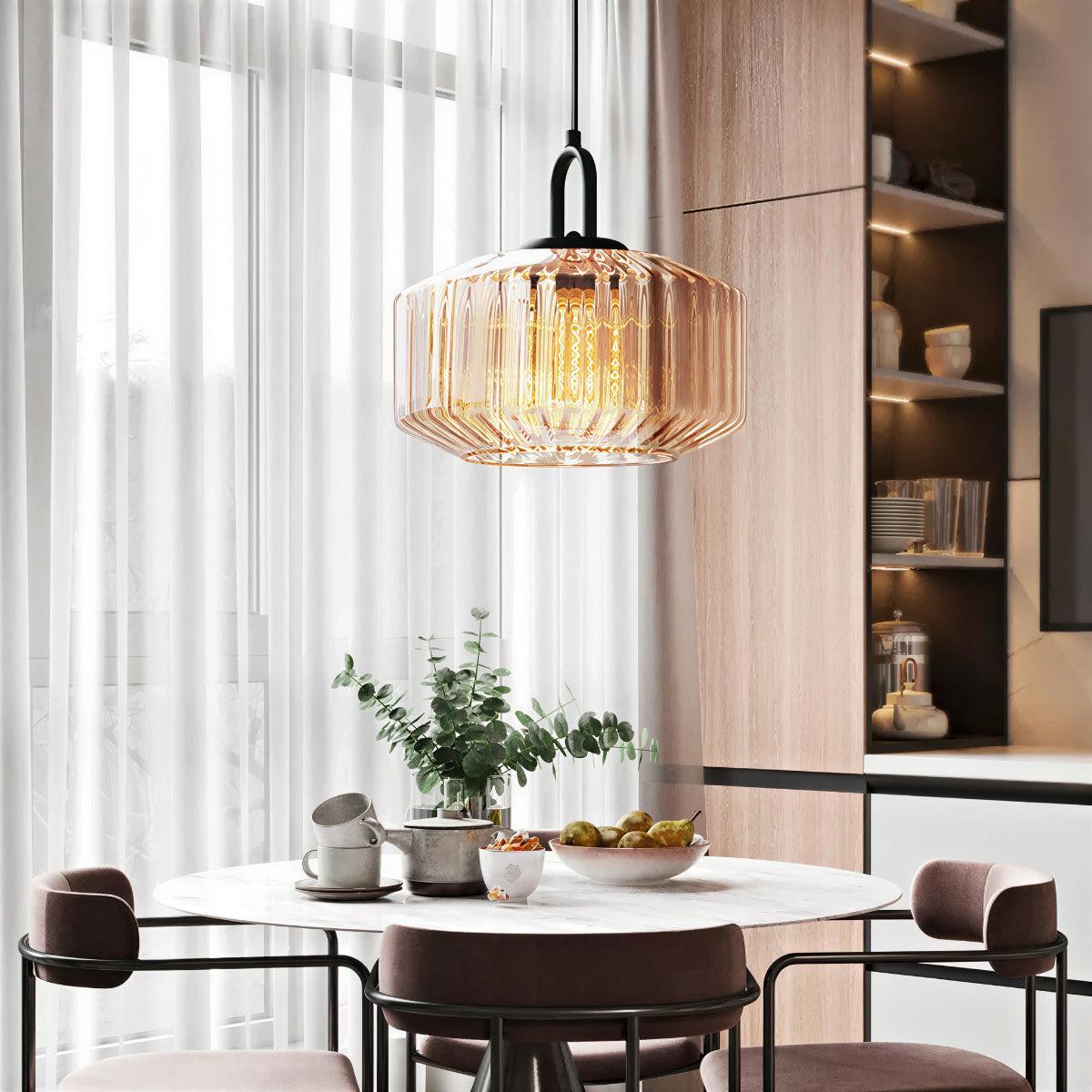 Glass Pendant Lights Ribbed Striped Drum Shade Black Canopy Retro Dining Kitchen