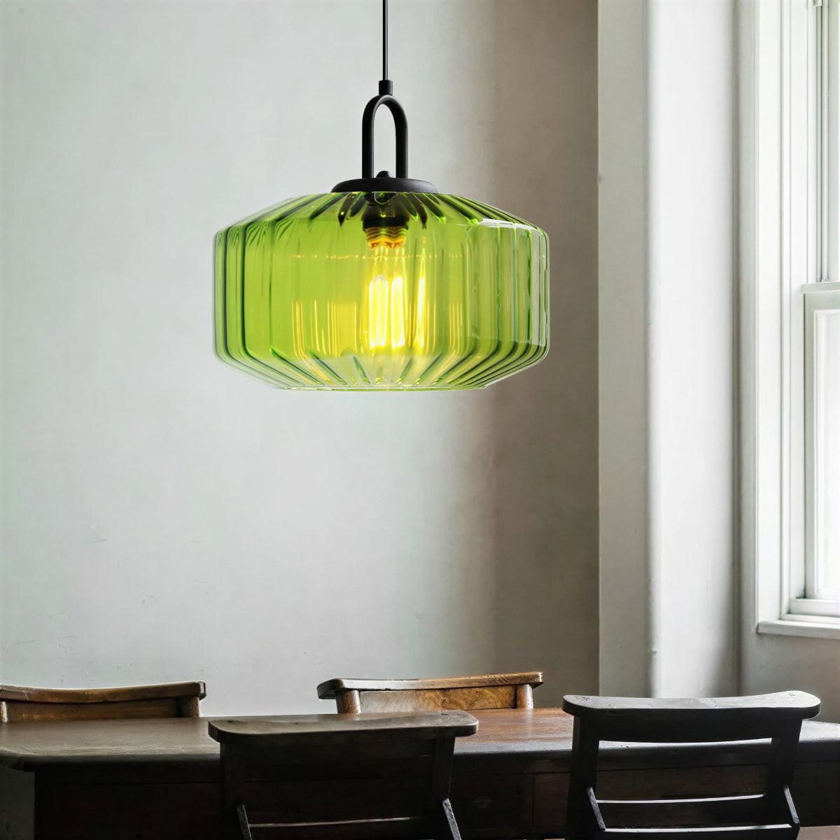 Glass Pendant Lights Ribbed Striped Drum Shade Black Canopy Retro Dining Kitchen