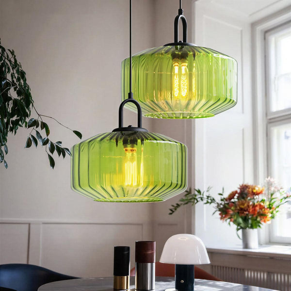 Glass Pendant Lights Ribbed Striped Drum Shade Black Canopy Retro Dining Kitchen