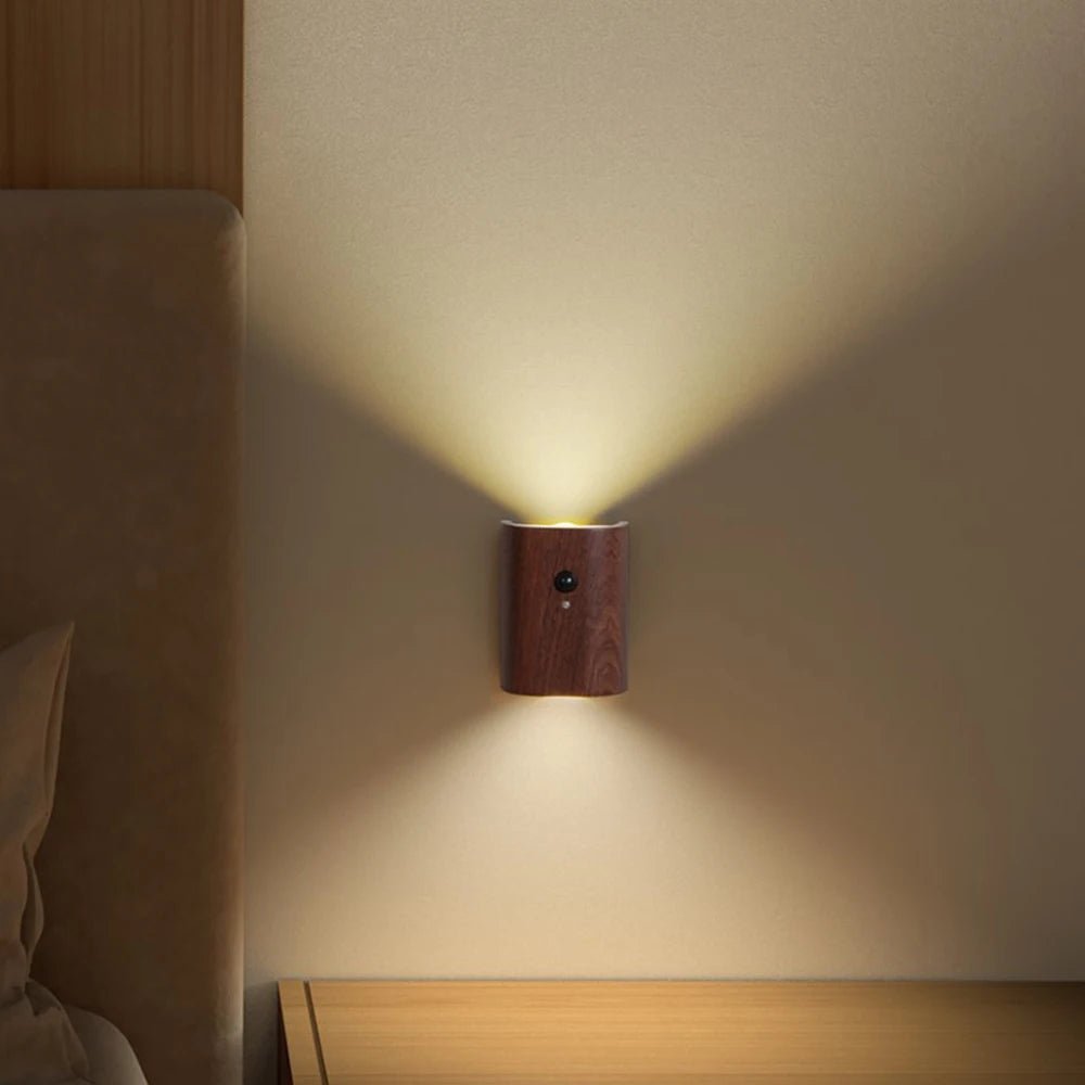 Rechargeable Lamp Wooden Motion Sensor Up Down Wall Sconce Cordless Night Light