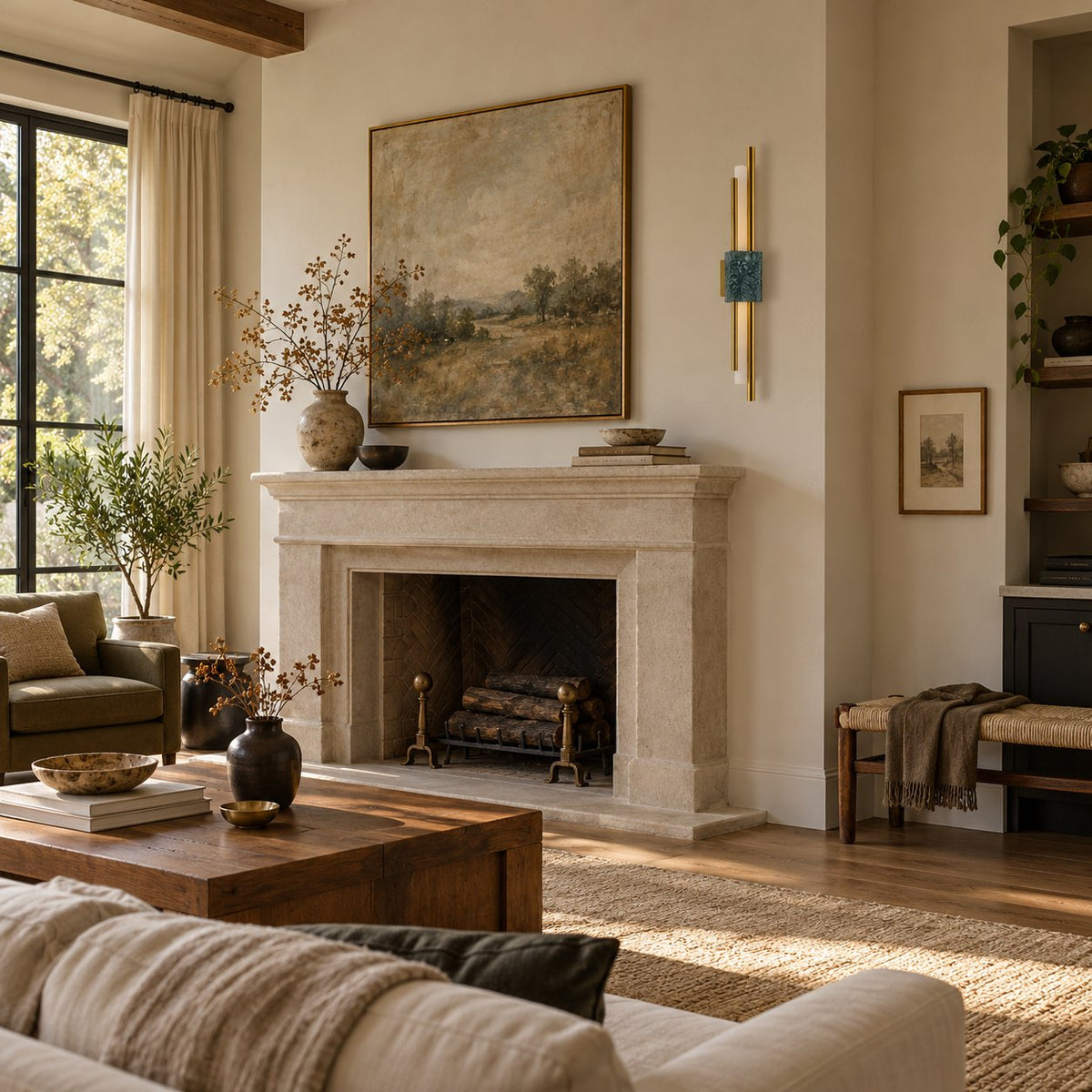 Alcochete asymmetric wall sconce with a teal marble accent beside a stone fireplace in a living room.