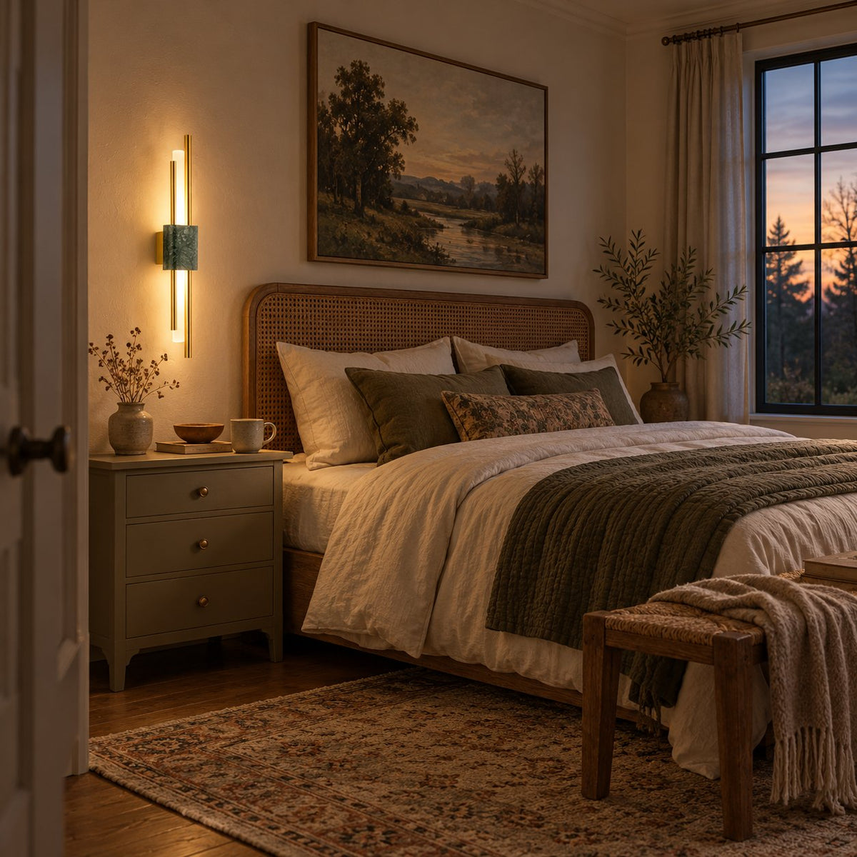 Alcochete brass sconce with a green marble accent lighting a headboard wall in a bedroom.