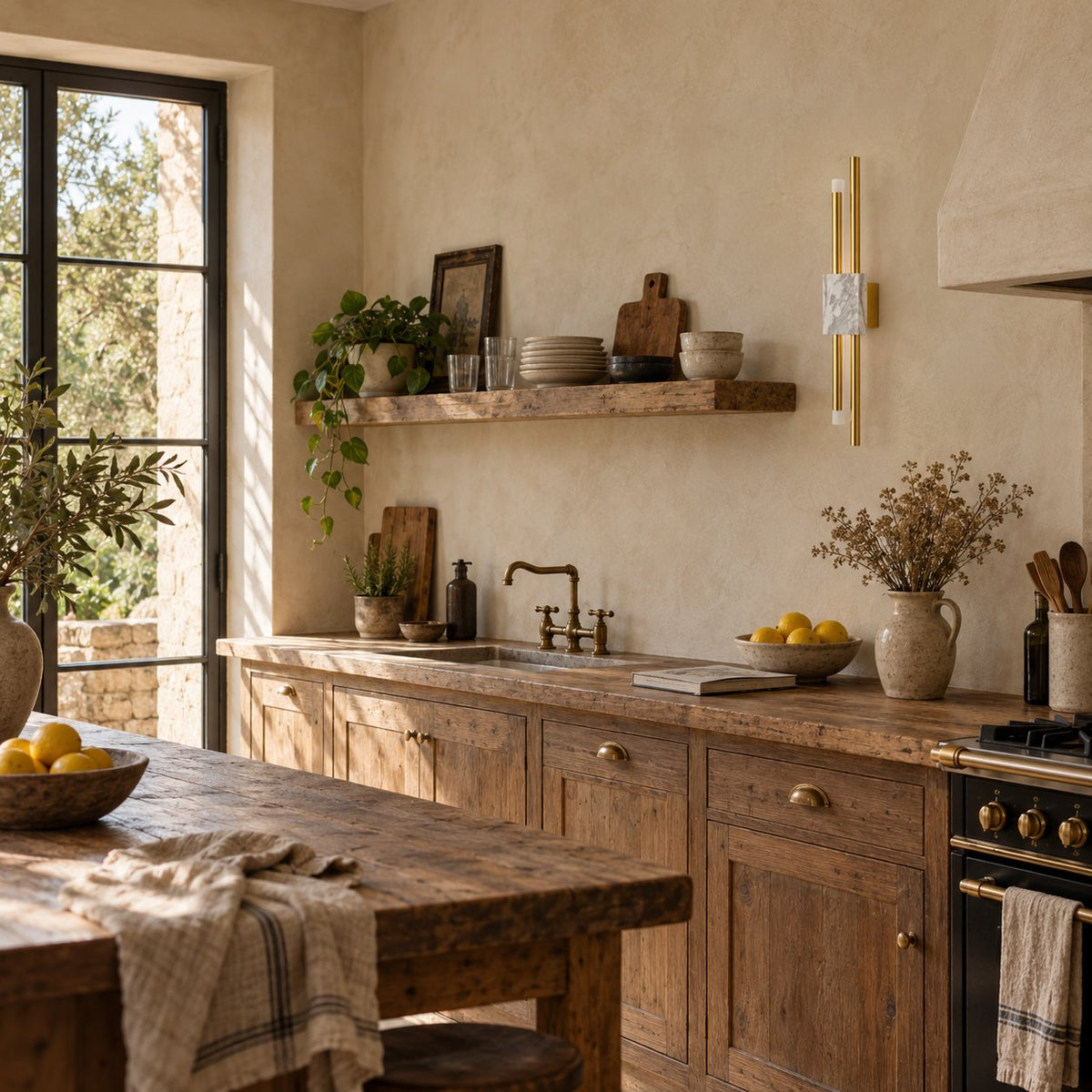 Alcochete wall sconce, brass rod with a marble ball accent, above a rustic kitchen counter.