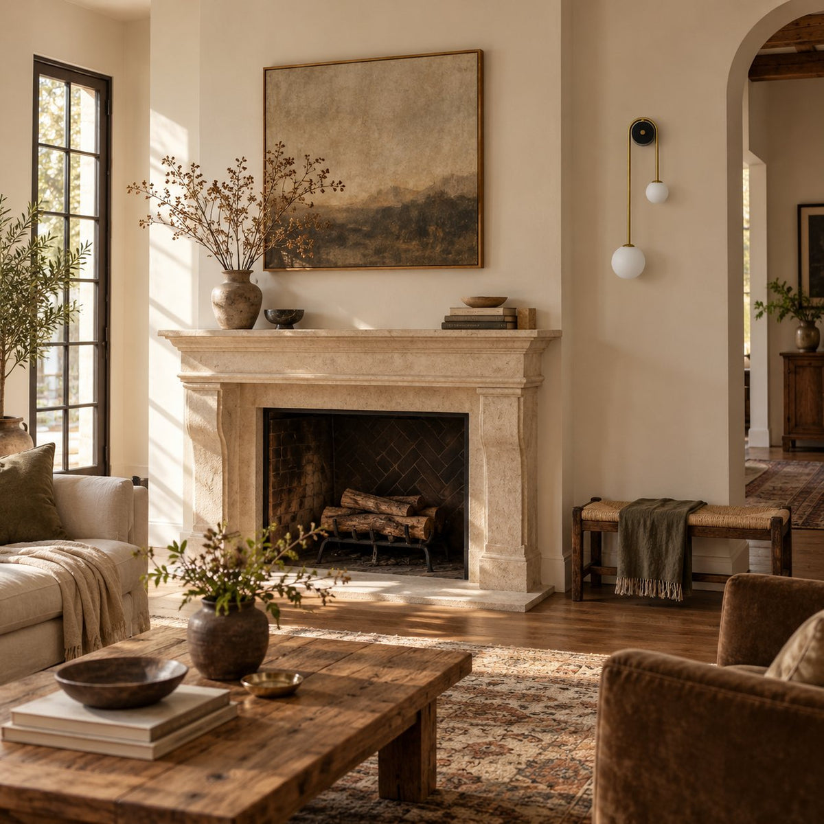 Alcoutim arc wall sconce with two opal glass globes beside a marble fireplace in a living room.