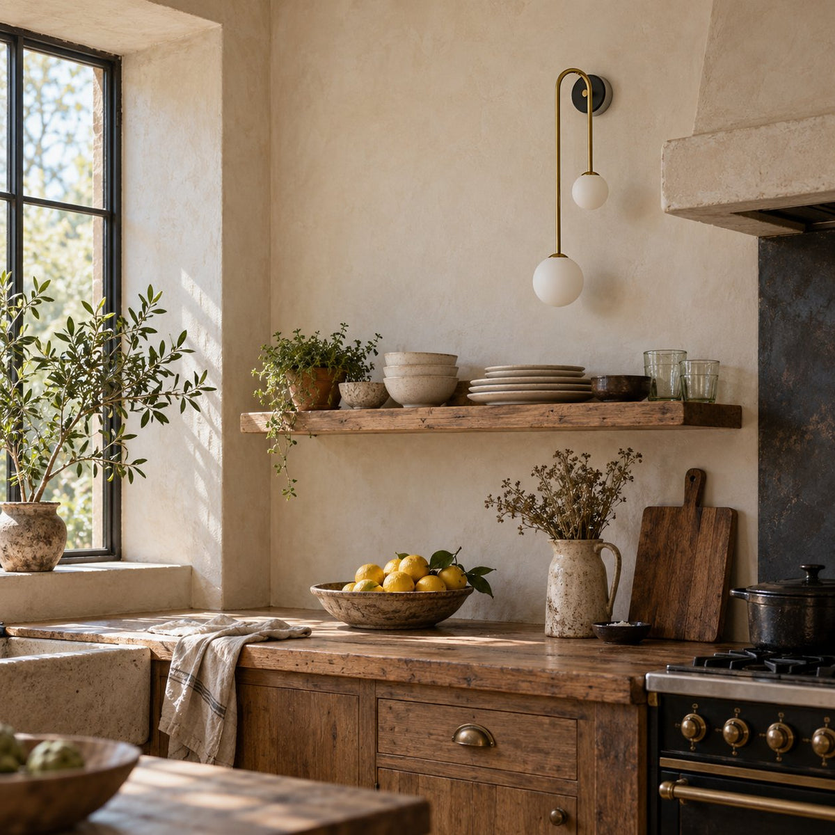 Alcoutim arc wall sconce in brass and black with two opal glass globes in a farmhouse kitchen.