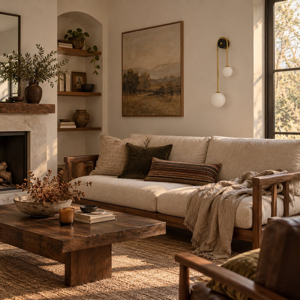 Alcoutim brass arc wall sconce with a white glass globe above a linen sofa in a sunlit living room.