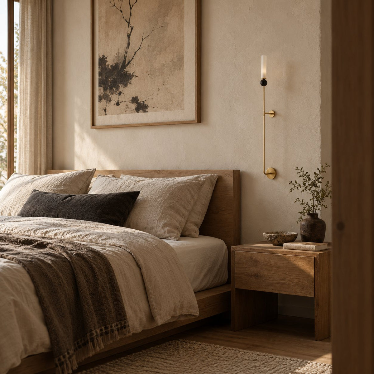 Aljezur vertical marble wall sconce on brass above a wood nightstand in a warm toned bedroom.