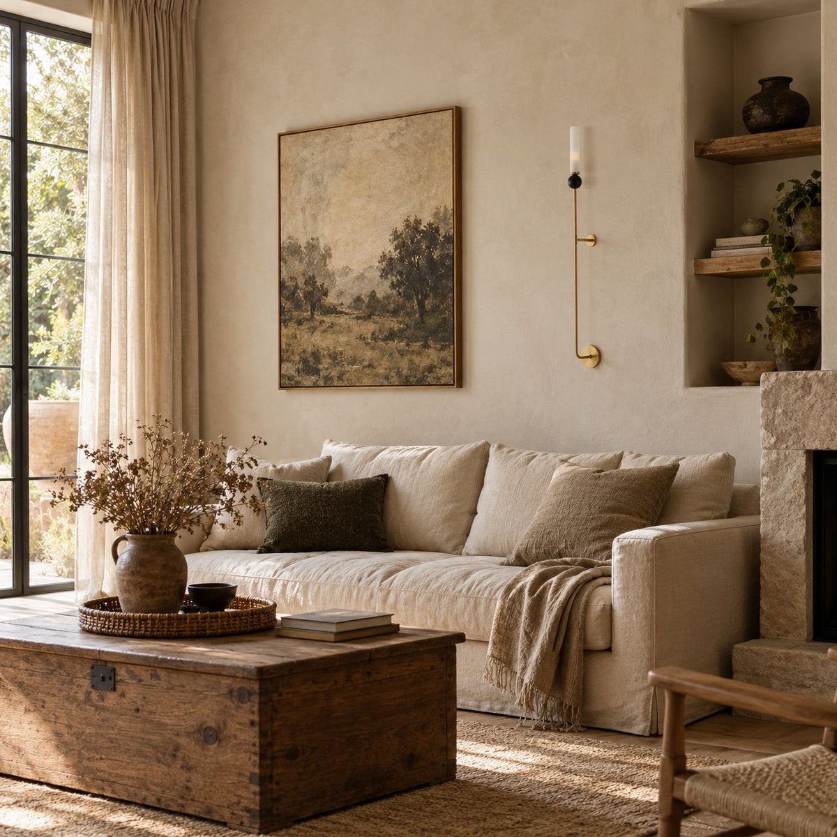 Aljezur brass wall sconce with a marble ball and frosted cylinder above a linen sofa by a window.