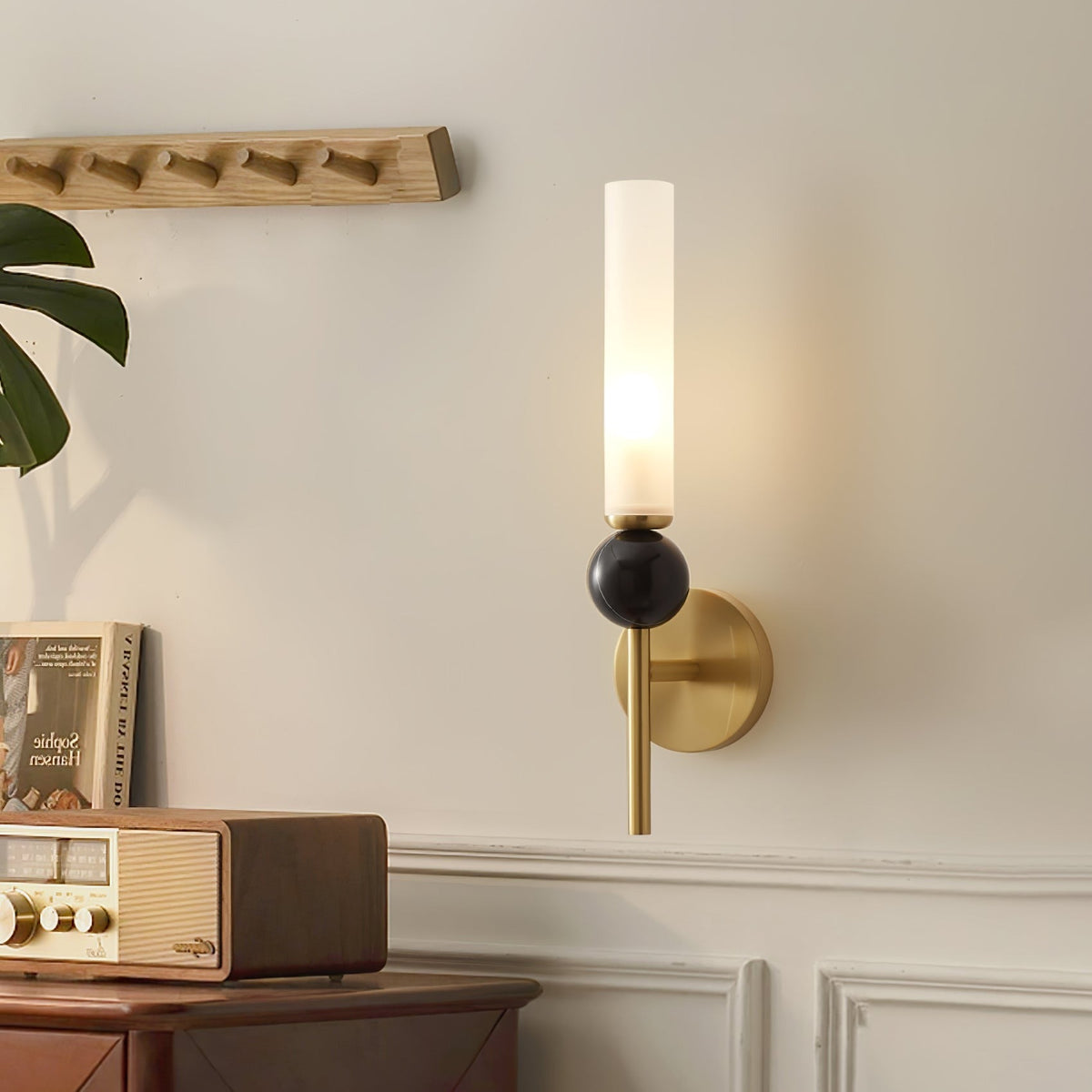 Aljezur wall sconce angled view showing marble and brass construction