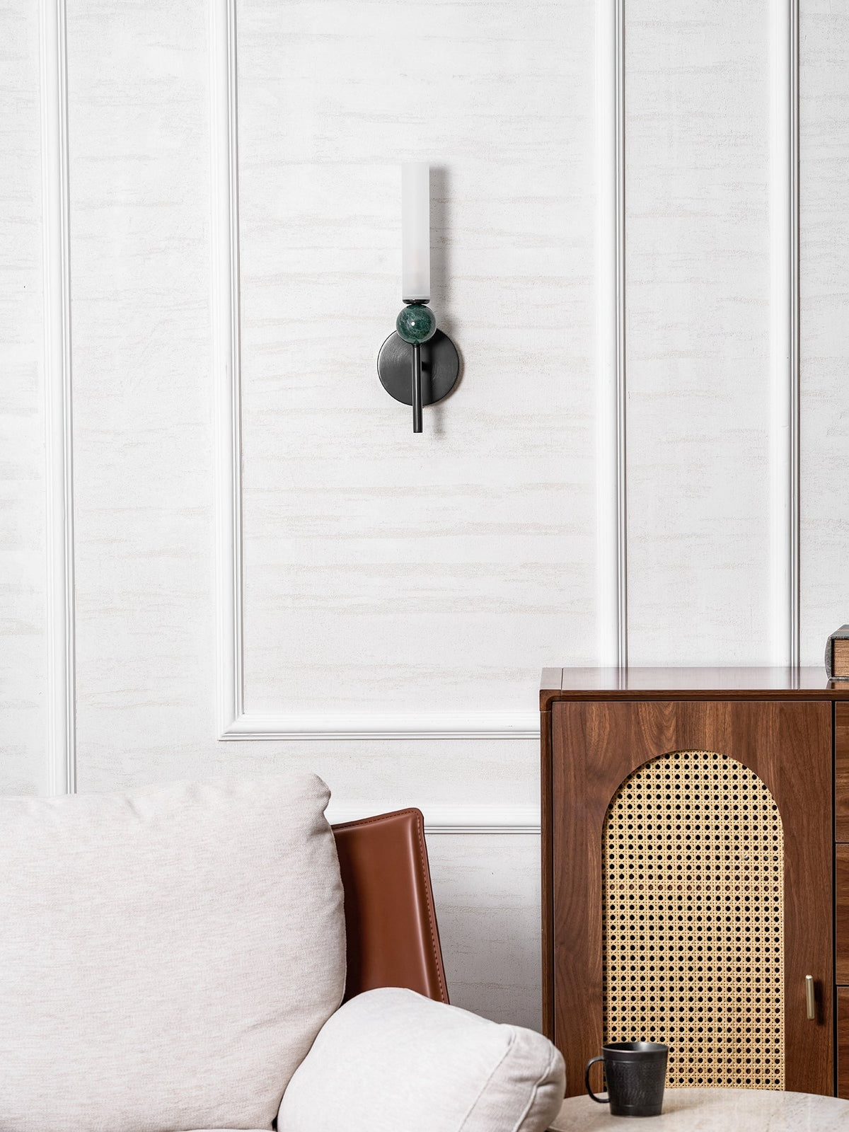 Aljezur wall sconce showing cord and G9 bulb socket compatibility