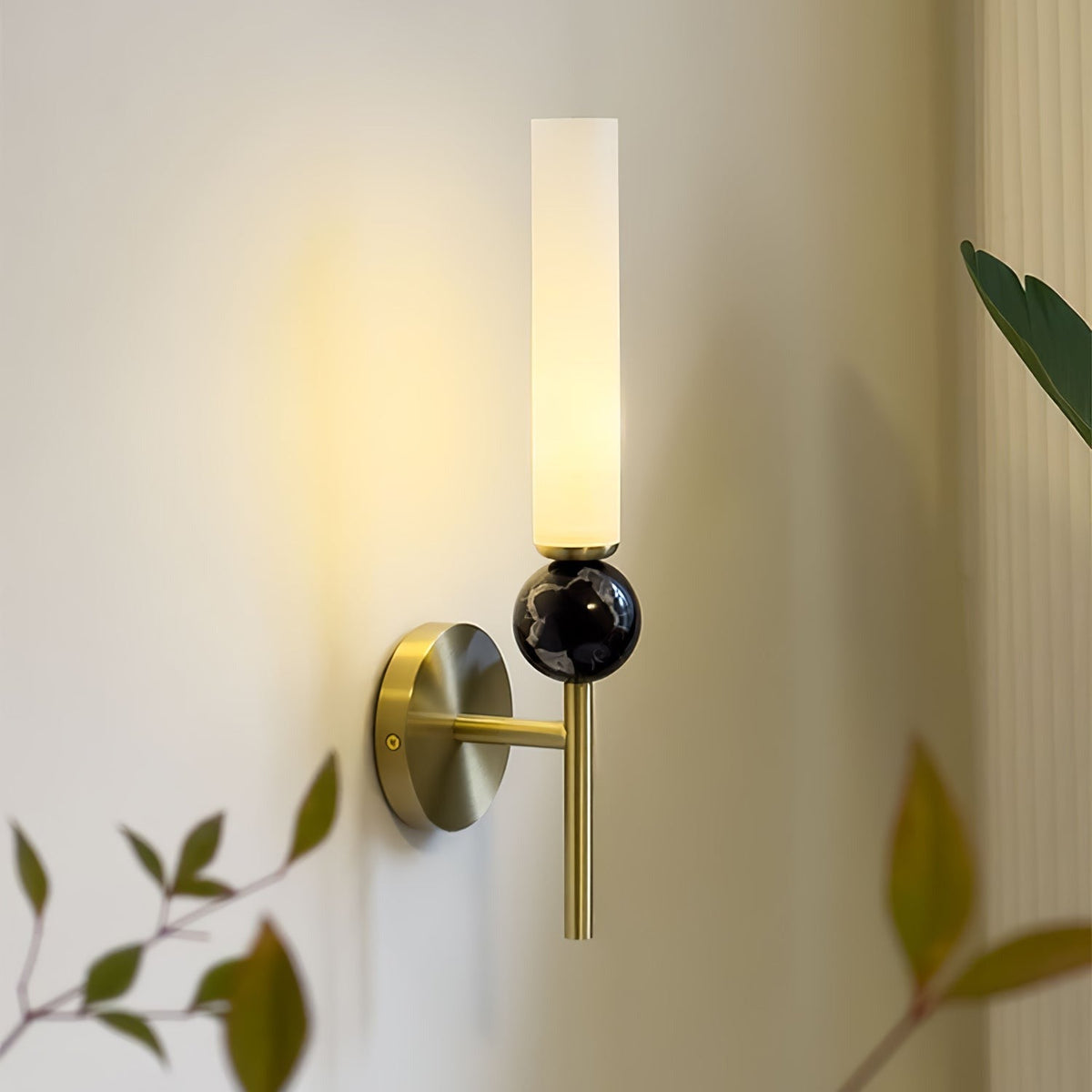 Aljezur wall sconce side profile with brass arm and acrylic diffuser