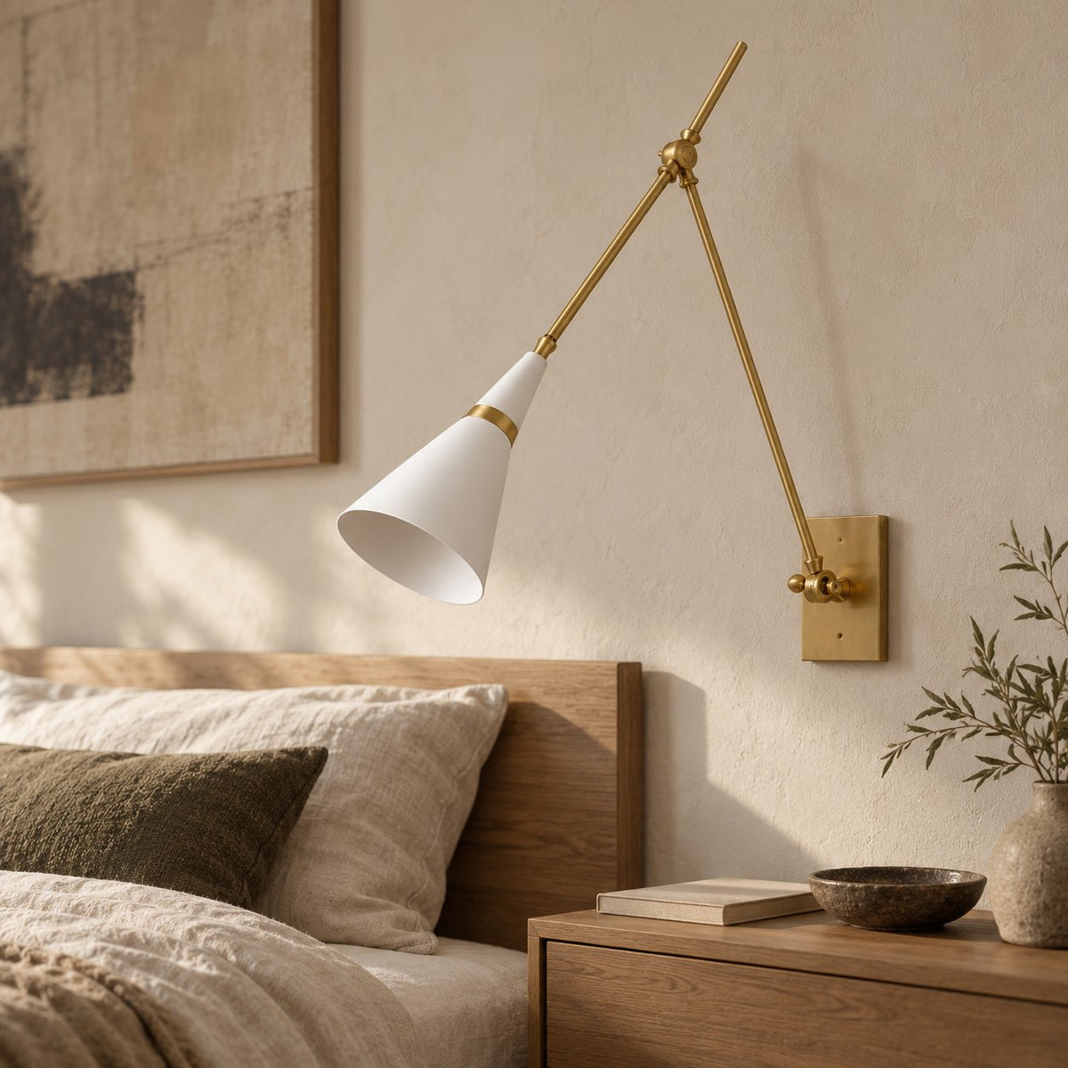 Almodôvar brass swing arm sconce with a white and brass cone shade above a bedroom nightstand.