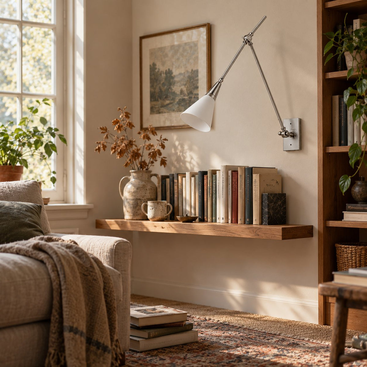 Almodôvar brushed nickel swing arm sconce with a white cone shade above a bookshelf ledge.