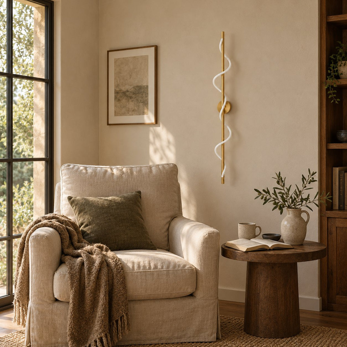 Alvito brass linear sconce with wavy light beside a reading armchair.