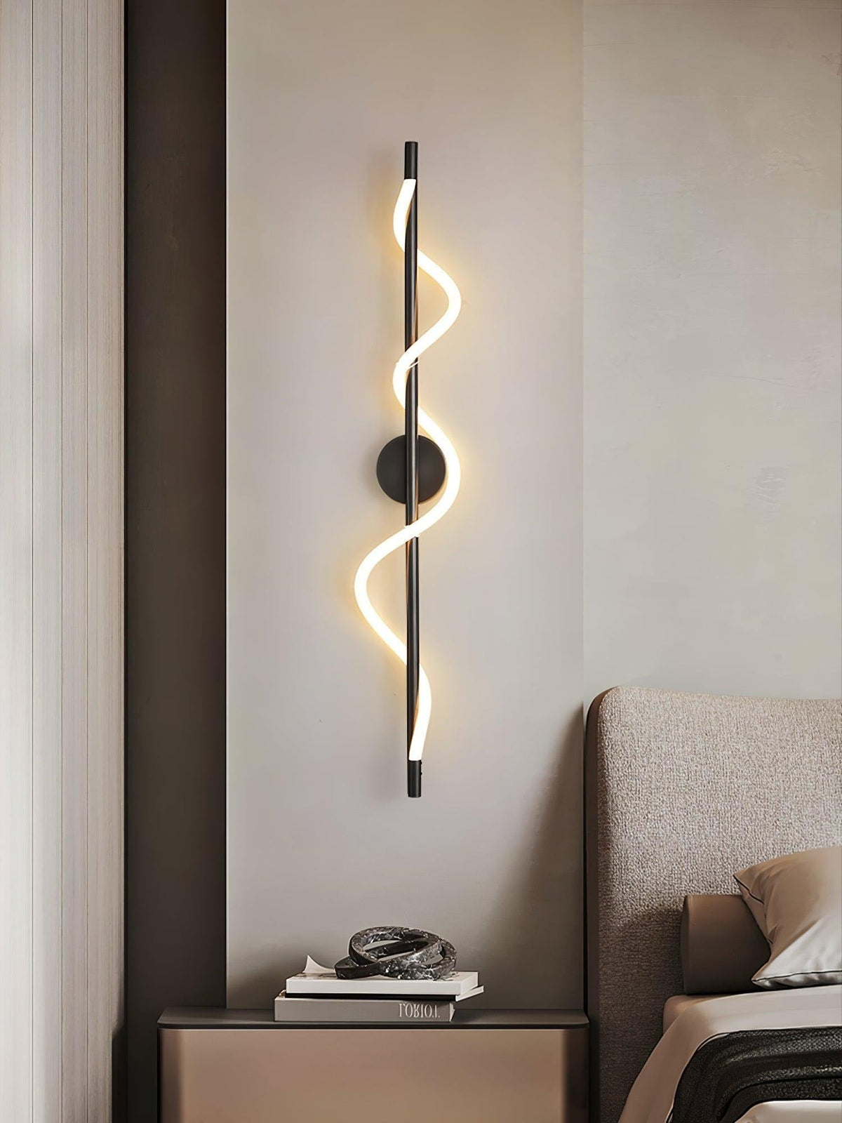 Alvito wall sconce black finish variant installed, bedroom lighting