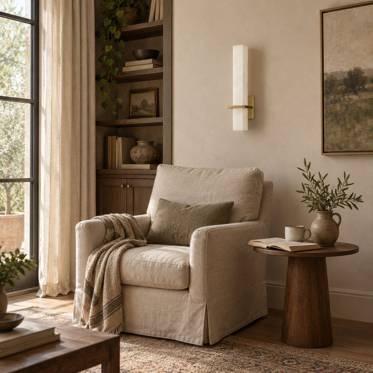 Amieira vertical alabaster wall sconce with a brass bracket beside a living room armchair.