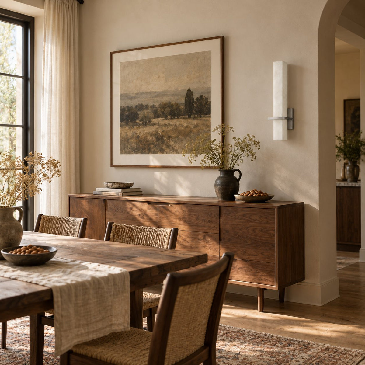 Amieira alabaster wall sconce with nickel arm beside a walnut dining sideboard.