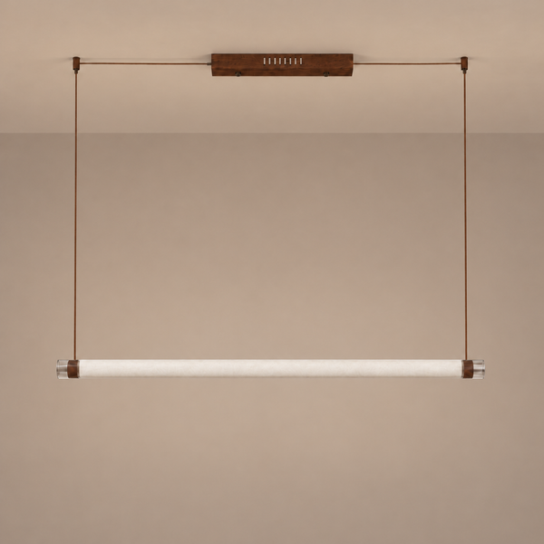Wood Pendant Light Linear Tube Silk Shade Cylinder Ceiling Fixture Dining Room