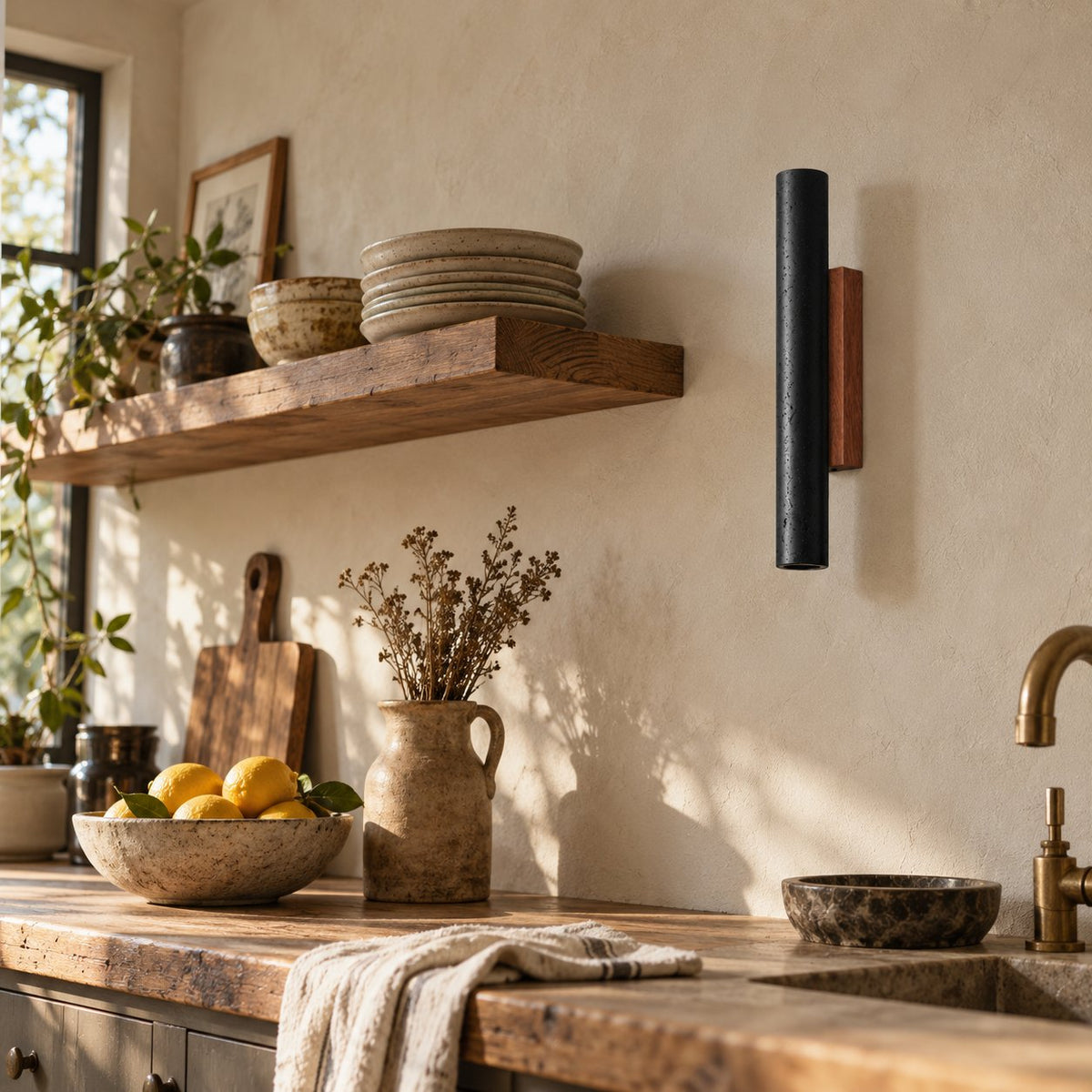 Arraiolos black travertine wall sconce with walnut back beside a kitchen sink.