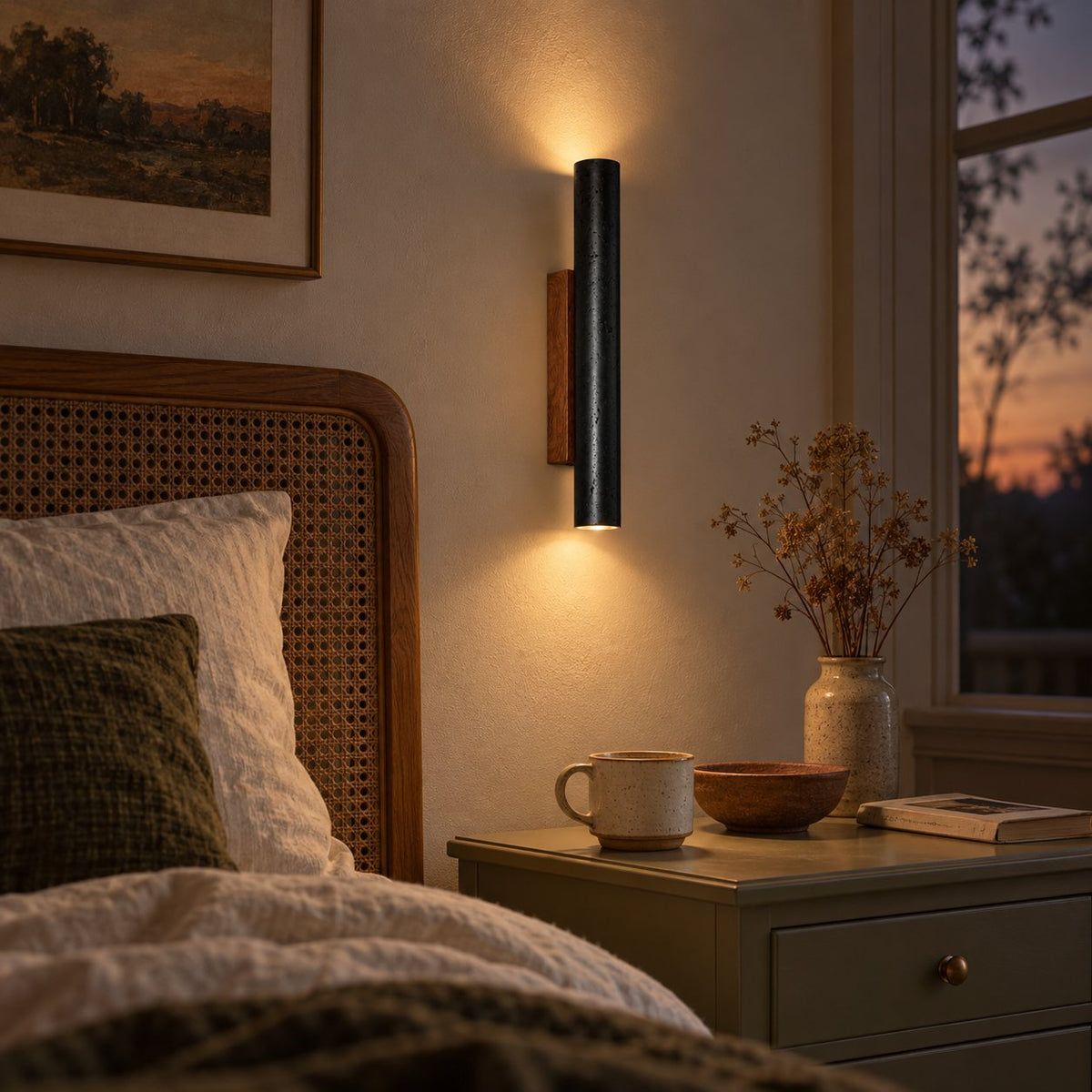 Arraiolos stone column sconce, black with a walnut mount, glowing beside a cane bed headboard.