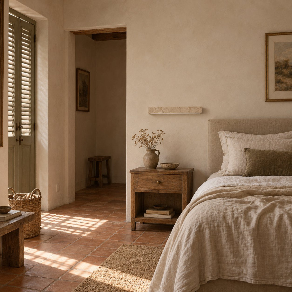 Barrancos linear travertine wall sconce above a wooden nightstand in a terracotta bedroom.