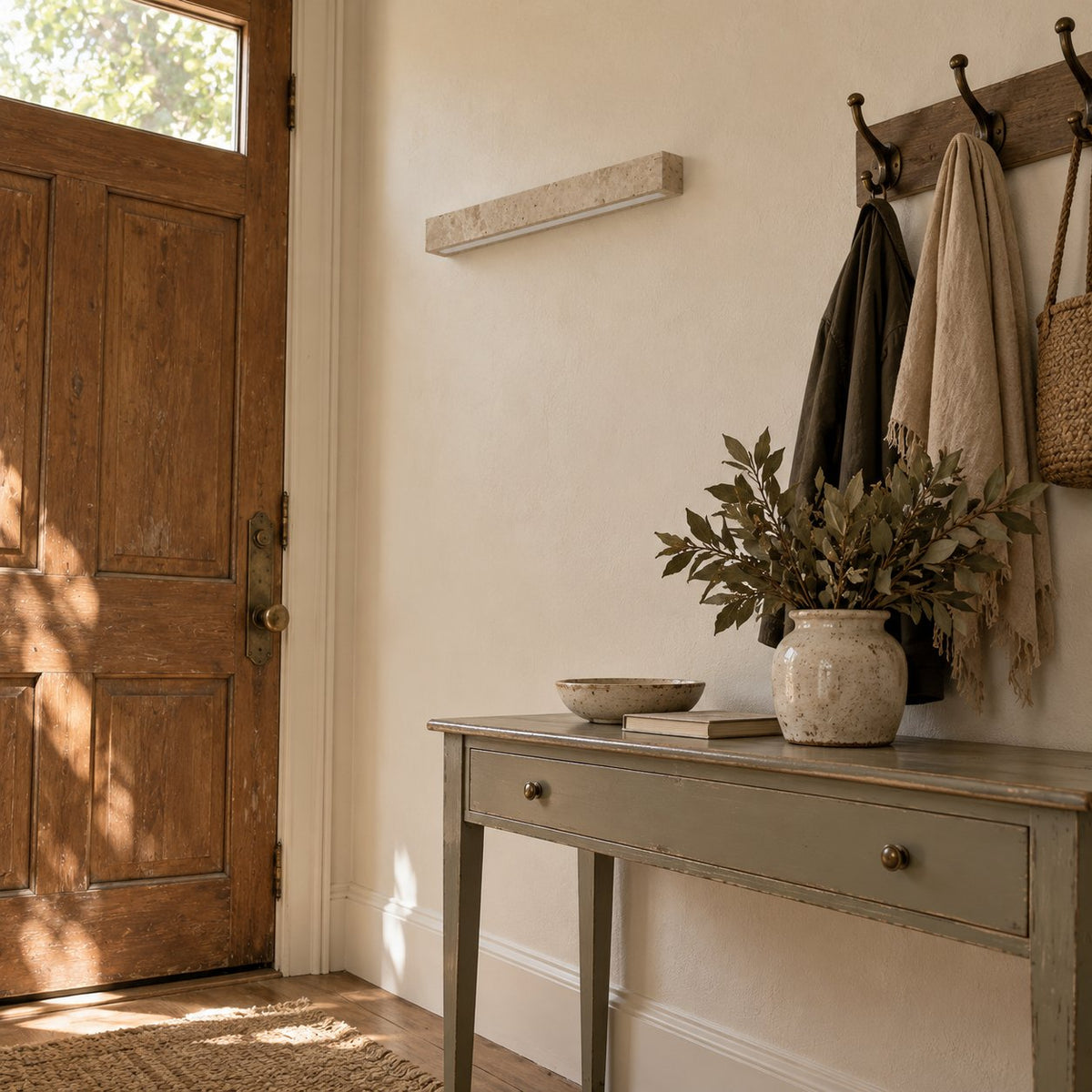 Barrancos travertine linear sconce above a console table near the front door.