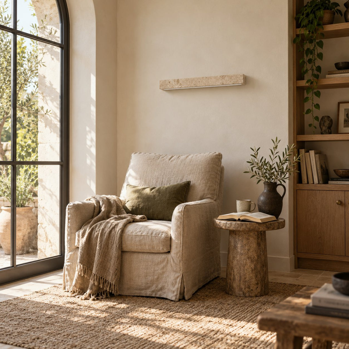 Barrancos linear wall sconce in cream travertine above a beige armchair and built-in shelving.