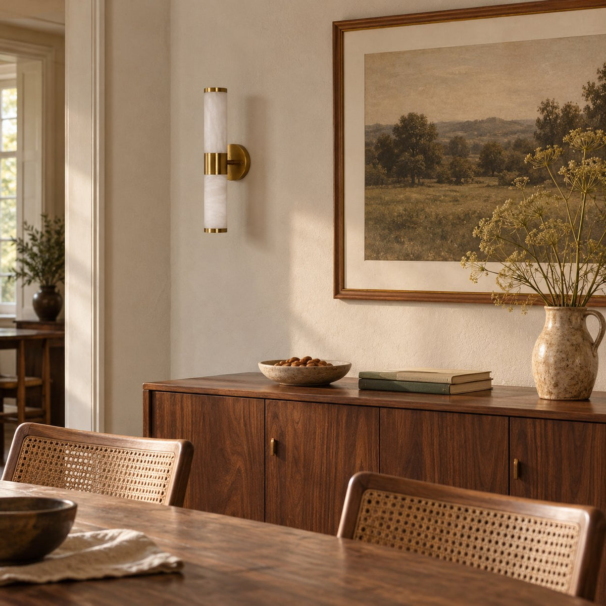 Beja alabaster wall sconce with brass bands above a walnut dining room sideboard.