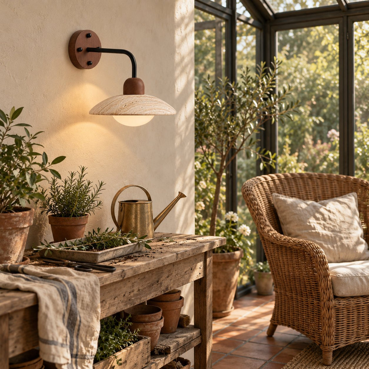 Boticas dome arm sconce in travertine with a black arm, lighting a conservatory potting bench.