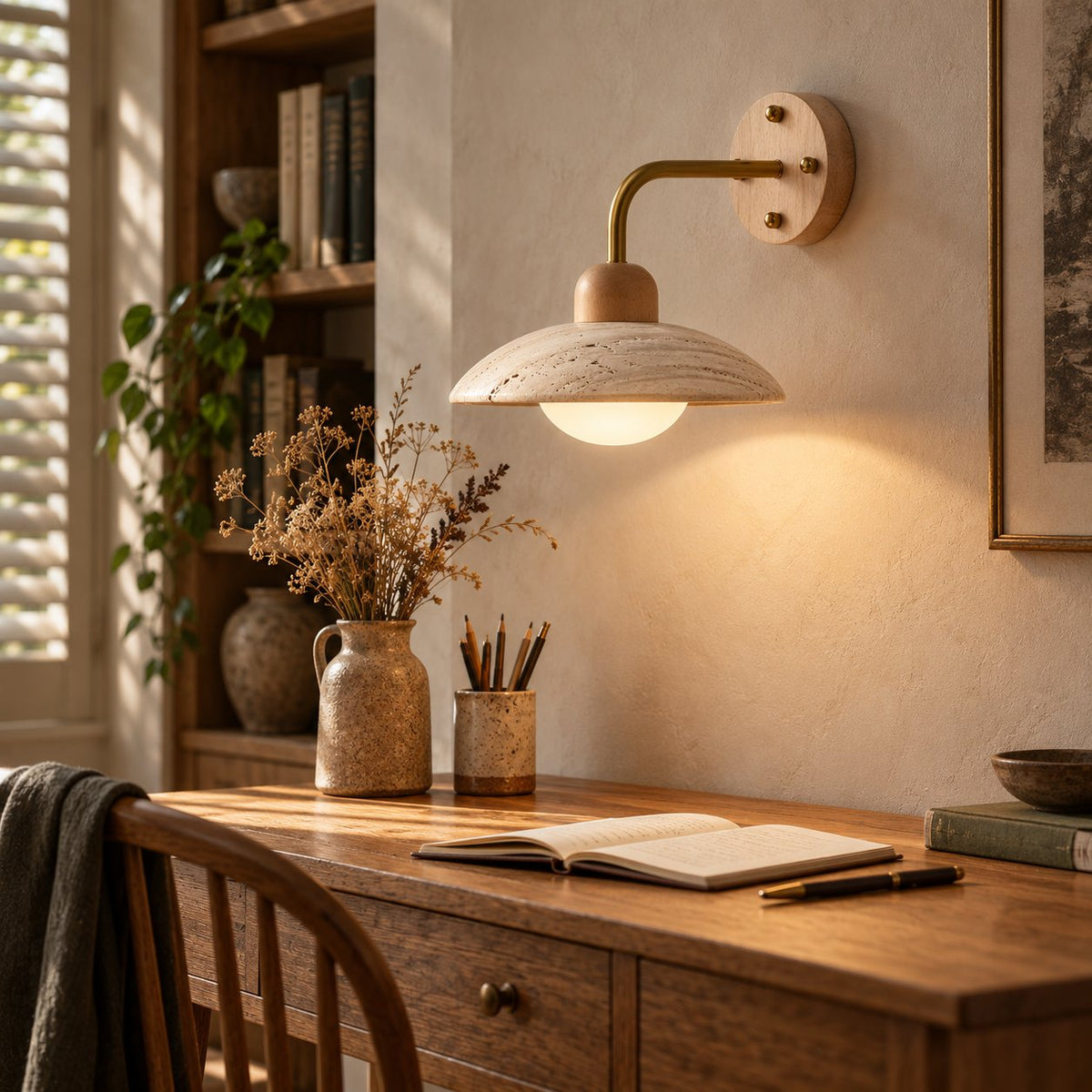 Boticas travertine dome arm sconce glowing warmly above a home office desk.